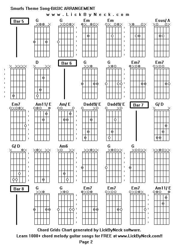 Chord Grids Chart of chord melody fingerstyle guitar song-Smurfs Theme Song-BASIC ARRANGEMENT,generated by LickByNeck software.